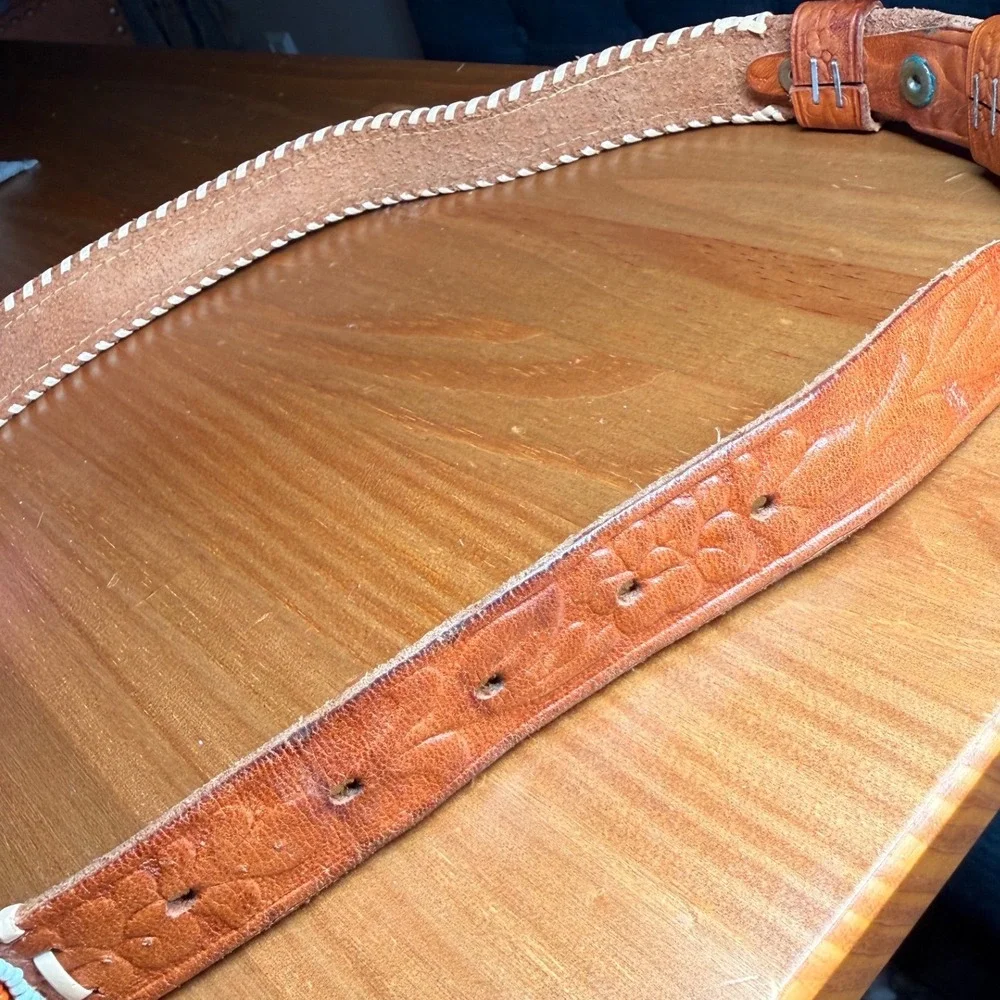 Vintage Beaded Western Floral Embossed Leather Belt Size 30 Whipstitch Buckle